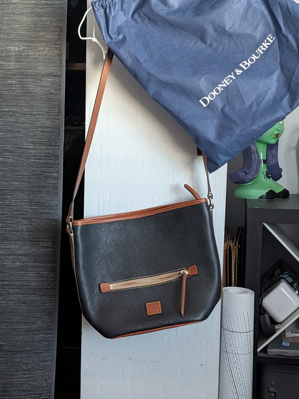 Dooney & Bourke Black Pebble Leather Crossbody with Brown Trim